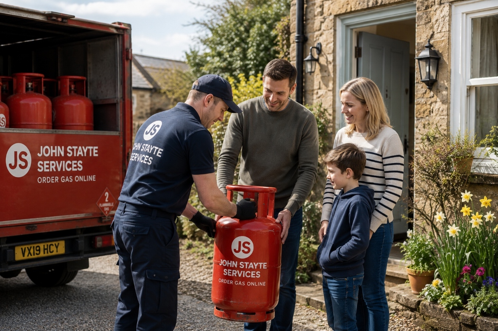 John Stayte Services delivery specialist delivering Calor LPG gas cylinder to a Gloucestershire family home