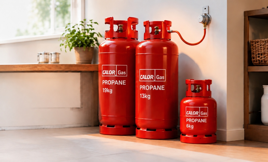 John Stayte Services Calor Gas LPG cylinders connected to regulator in modern residential home setting