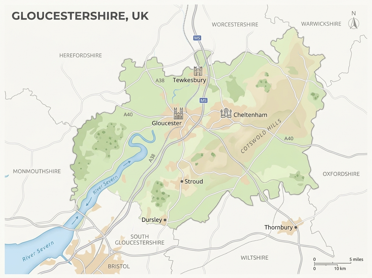 Gloucestershire service delivery map showing John Stayte Services 40-mile coverage