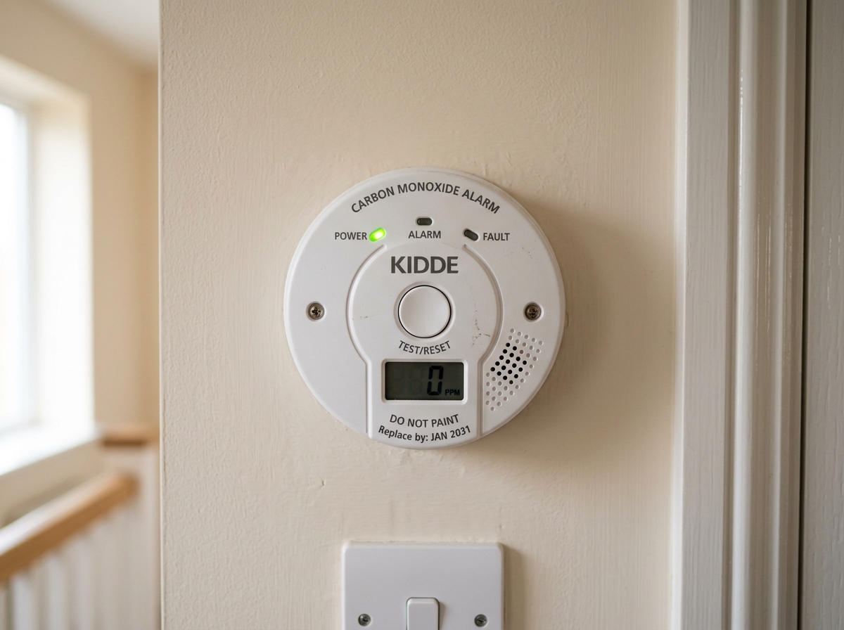 Digital carbon monoxide detector alarm mounted on UK home wall