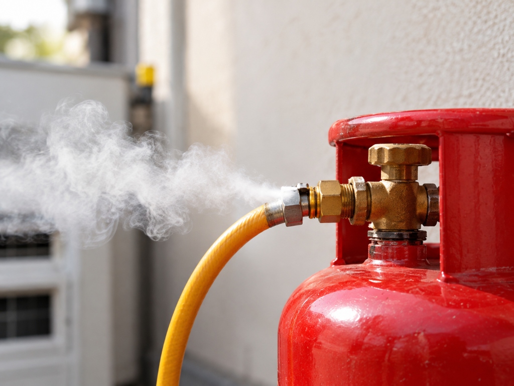 Red LPG cylinder valve emitting pressurized gas vapour leak
