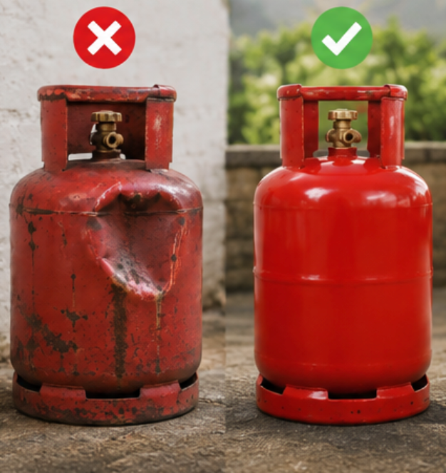 Visual safety comparison showing a severely dented rejected gas cylinder with red cross versus a certified safe cylinder with green checkmark