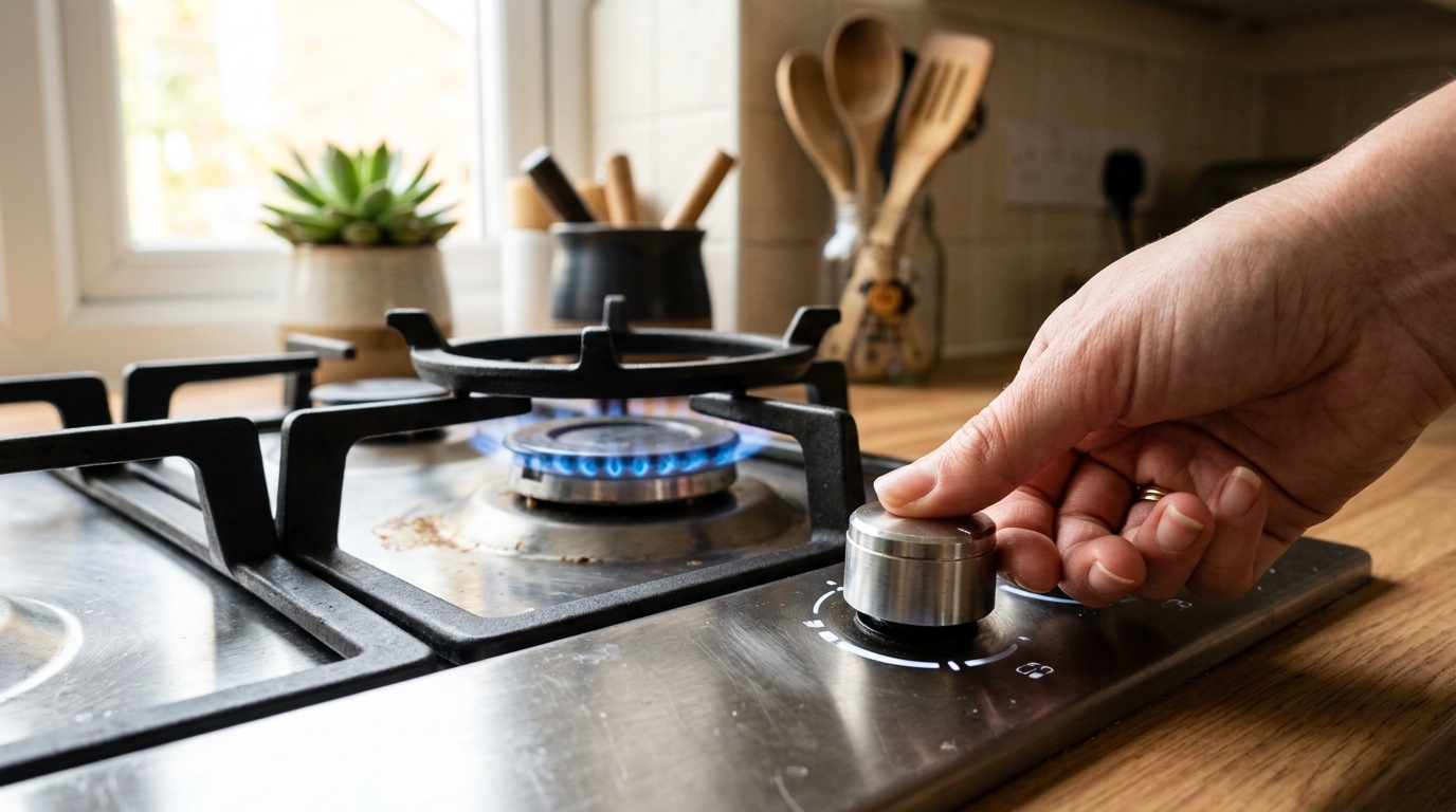 Modern UK domestic kitchen gas hob with safe blue flame