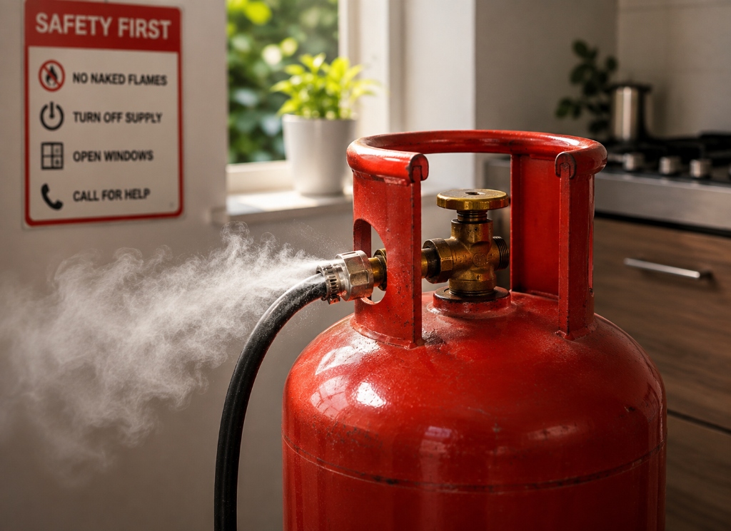 Red LPG cylinder with visible gas vapour leak escaping from the valve connection