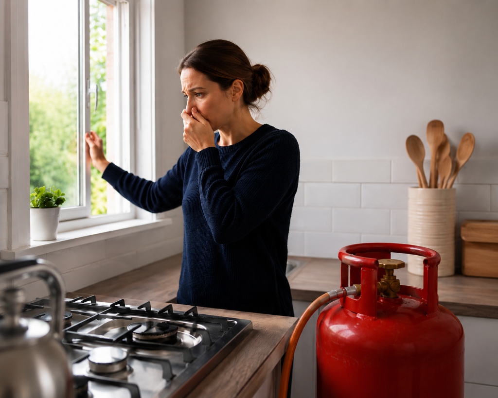 Woman opening window to ventilate gas fumes in kitchen with Calor gas cylinder