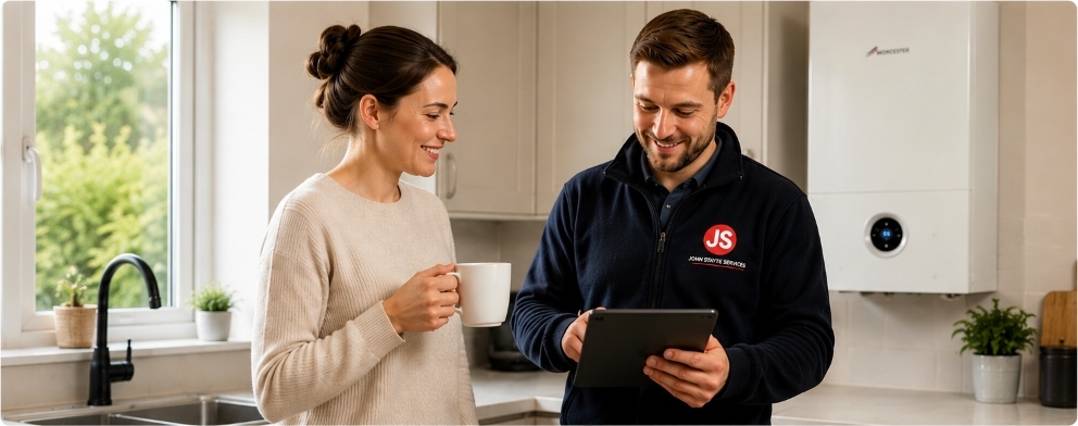Customer speaking with the John Stayte Services technician in the kitchen
