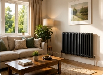 Warm modern UK living room with column radiator central heating