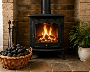 Indoor wood-burning stove with coal basket